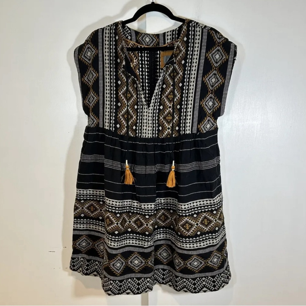 Anthropologie Woven Tassel Dress In Geometric Print